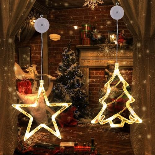 LED Sterne Weihnachtsbaum Weihnachtsbeleuchtung, LED Fenster Lichterkette Batteriebetriebene mit Saugnäpfe, Warmweiß Weihnachtsstern Innen für Weihnachtsdeko Türen Schaufenster Party Hochzeit Balkon