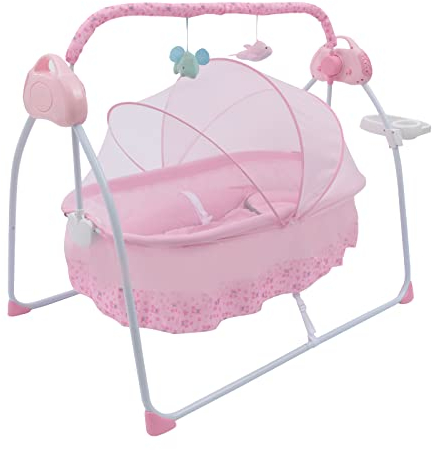 gegeweeret Baby Bett Babyschaukel Elektronisch zusammenklappbarer Baby Wippe, mit Puzzle-Spielzeugregal, U-förmiges Kissen Bequem und verlässlich, Belastbarkeit 25kg/55 lbs für 0-18 Monate (Rosa)