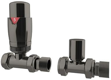 UK Radiators Thermostatic Radiator Valve (TRV) - 15mm Straight Lockshield - Glossy Black Nickel Colour - Energy Saving 1/2 x 15mm Brass Straight Valve