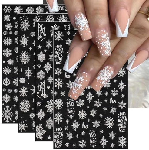 JMEOWIO 8 Sheets Christmas Glitter Nail Art Stickers Decals Self-Adhesive Snowflake Winter Holiday Cute Nail Supplies Nail Art Design Decoration Accessories