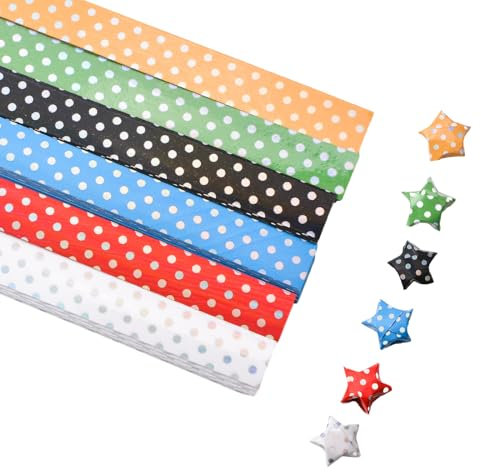 URROMA Origami-Sterne-Papier, 540 St點k, 6 Farben, gl鋘zende Punkte, niedliche Faltstreifen, Verpackung, DIY-Papier, Stern-Papier, Faltstreifen f黵 Sterne, Origami, Gl點kssterne, zum Basteln, Basteln