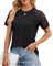 BellaDila Damen Sommer Spitze Kurzarm T-Shirt Rundhals Elegant Vorne Plissee Bluse Locker Top Tunika Oberteile 2024, Schwarz, XL