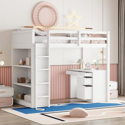 Idemon Letto a soppalco 90 x 200 cm con armadio e tavolo per computer, in legno multifunzionale, letto a soppalco per ragazzi e ragazze (bianco)