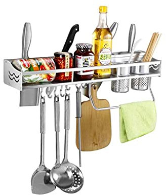 Estante multifuncional con 10 ganchos, estante de aluminio con soporte para palillos, soporte para cuchillos, soporte para colgar en la pared, estante de almacenamiento para especias de cocina con