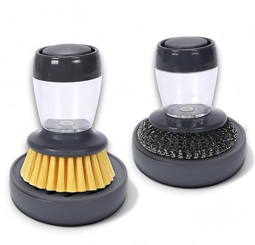 UNIKCO 2pcs Household and Kitchen Cleaning Brush/Scrubber for Washing and Scrubbing Dishes, Glasses, Pots, Pans, Sinks, with Storage Tank for Soap and Drainer Holder