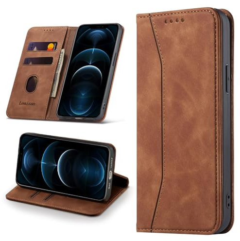 Leaisan Handyhülle für iPhone 12 Pro Max Hülle Premium Leder Flip Klappbare Stoßfeste Magnetische [Standfunktion] [Kartenfächern] Schutzhülle für iPhone 12 Pro Max Tasche - Braun