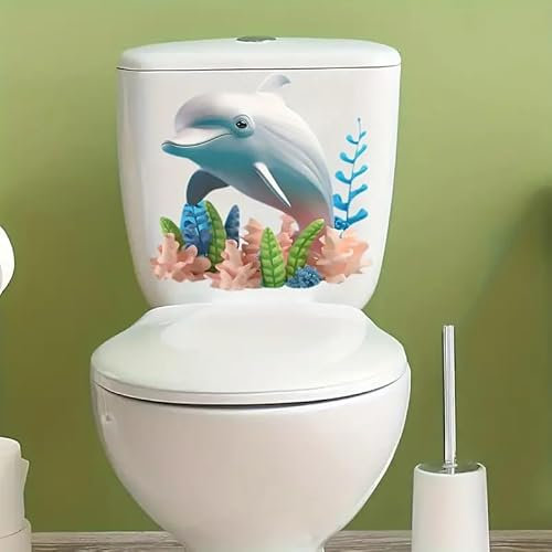 Cartoon Dolphin Pattern Toilet Sticker Decals,Fish Flower Leaf Waterproof Toilet Lid Tank Seat Decals Cistern Self-Adhesive Bathroom Wall Sticker