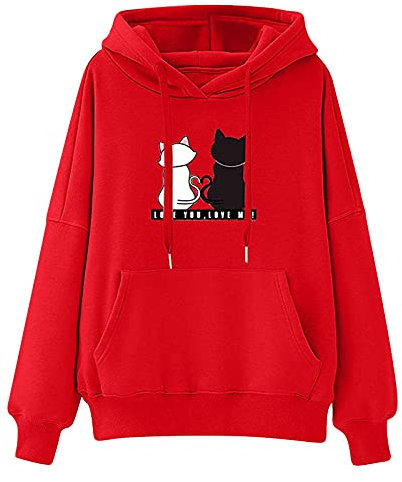 KOG Hoodie Damen Baumwolle Hoodies Einfarbig Kapuzenpullover Mode Oberteil Sweatshirt mit Kapuze Vintage Oberteile Warm Frau Retro Oversize Hooded Sweatshirt Sale Angebote Rot L