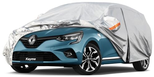 Kayme 6 Schichten Autoabdeckung Wasserdicht Atmungsaktiv, Vollgarage Autoplane für Sonne Regen Staub Schutz, Kompatibel mit Audi A1, Corsa, i10, Polo, Clio, Abdeckplane für Schrägheck (bis zu 410 cm)