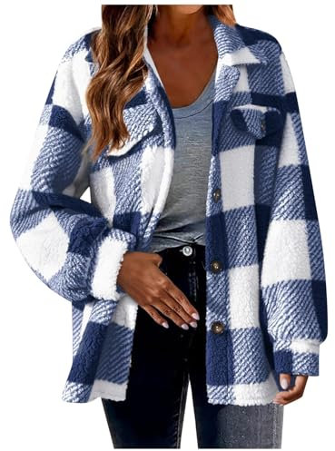 Veste a Carreaux Femme Automne Et Hiver Manches Longues Bouton Revers DéContracté Chaud à Carreaux Manteau De Laine Chemise Décontractée Veste Boutonnée en Sherpa pour Femme