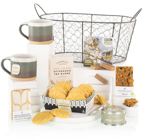 Virginia Hayward Hamper Tea in the Garden - Hampers & Gourmet Gifts with Cartwright & Butler Afternoon Tea and Treats with 2 Green Mugs and Candle, Great Presents for Anniversary, Retirement, Birthday
