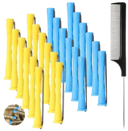 Dauerwellen Wickler Kleine Lockenwickler Klein Dauerwellen Set Komplett 0.35/0.27 Zoll Haar Dauerwelle Stangen Perm Rods mit Stahl Spießente Kamm für Lange Kurze Haare Styling Tool Blau/Gelb 24 Stück