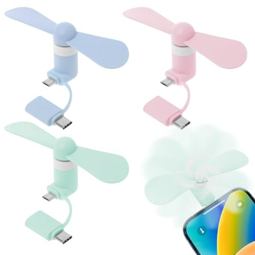WUSJCOF Mini Ventilador USB, 3 Unidades, Enfriador Portátil, Giratorio, Pequeño y Silencioso, 2 en 1 para Teléfonos Android/Type-C, Hojas de Tipo C de Viaje, Mini de Mano, Ventiladores USB Portátiles