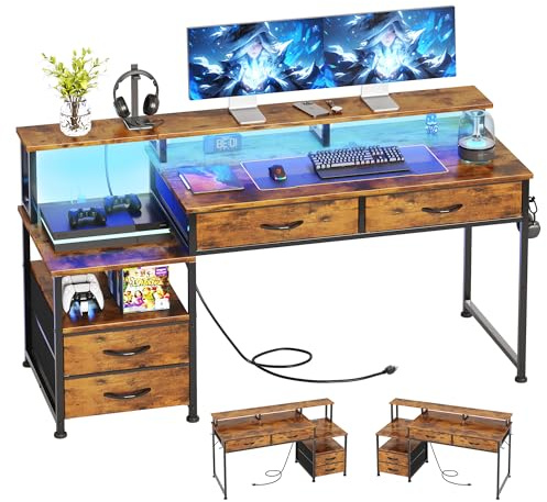 CAIYUN Escritorio para Ordenador con 4 cajones y enchufes Integrados, Escritorio Reversible para Oficina en casa, Mesa de Juegos con Monitor e Impresora, luz LED para Dormitorio (marrón Vintage)