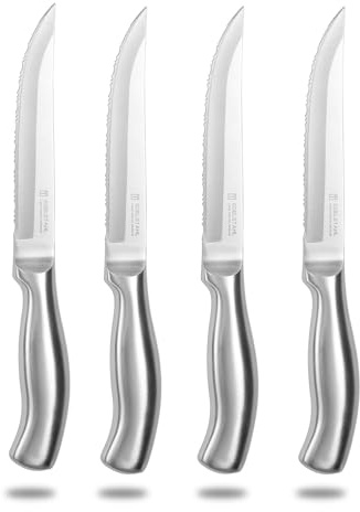 targzier Steak Knives,Set of 4,Stainless Steel Serrated Knife Small,23cm | Silver Steak Knife Set,Ergonomic Polypropylene Handle,Wavy Edge Blade Small Kitchen Knives for Home,Dishwasher Safe