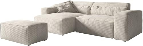 DELIFE Eckcouch Sirpio XL Cord Beige 270x170 cm Recamiere variabel mit Hocker