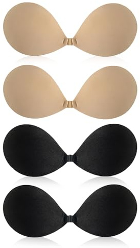 SAIIURV 4 Pairs Women's Invisible Strapless Bras, Sticky Push Up Bra, Self-Adhesive, Reusable Invisible Backless Stick on Bra for Party, Bar, Wedding, Beach, and Everyday Wearing (Black, Nude)