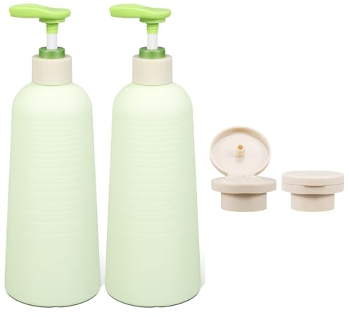 Lot de 2 bouteilles à pompe vides en plastique - Kit de voyage anti-fuite avec couvercle à rabat interchangeable - Pour shampoing, gel douche et savon pour les mains (vert, 500 ml)