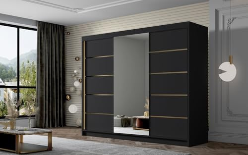 Gaba furniture Gold Series 250 cm Sliding Door Black Wardrobe with Mirror Widths 100/120/150/180/200/250 cm Furniture for Bedroom Living Room Wardrobe with Hanging Rail