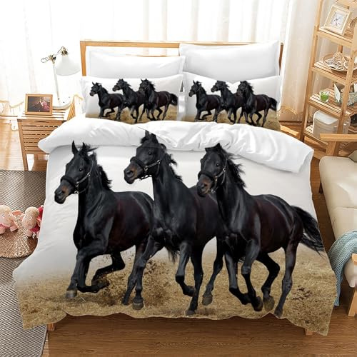 BSYYZQC Bettwäsche 140x200 3teilig Pferd Mikrofaser Bettbezug Tier Bettwäsche-Sets mit 2 Kissenbezüge 80x80cm, Wendebettwäsche Bedding mit Reißverschluss