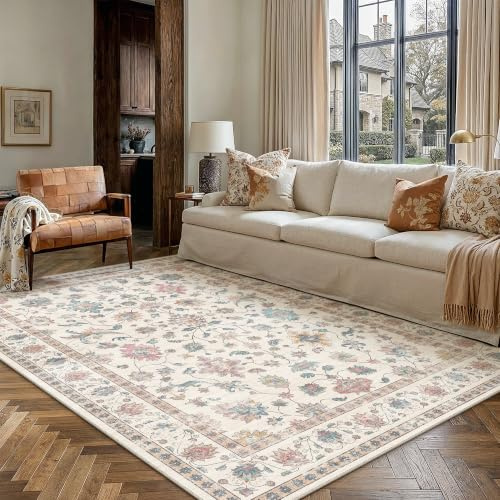 PureCozy Teppich Wohnzimmer 160x230cm Waschbarer Teppiche,Multicolore | Blumenmuster,Waschbar, Rutschfest, Kurzflor, Weich, Schlafzimmer, Esszimmer, Büro, Flur, Kinderzimmer