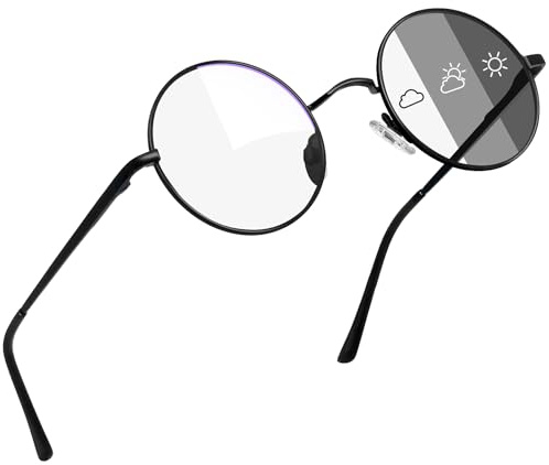 Joopin Selbsttönende Runde Blaulichtfilter Brille Herren und Blaulichtbrille Damen Computerbrille Blaufilter UV400-Schutz mit Metallrahmen (Schwarz-Transparent)