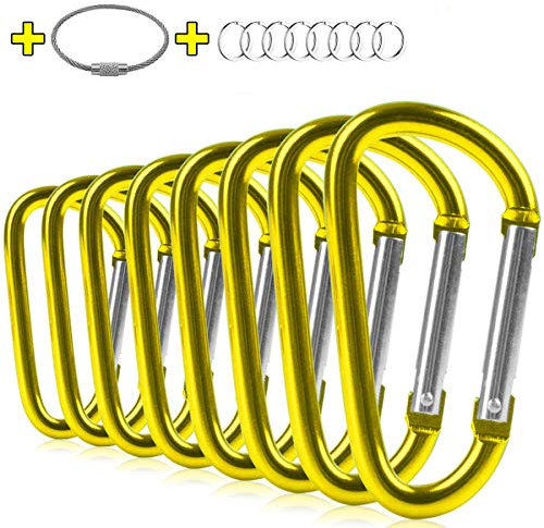 ZEINZE Carabiner Clip 3 Aluminum D-Ring Spring Loaded Gate Small Keychain Carabiners Clip Set for Outdoor Camping Mini Lock Hooks Spring Snap Link Key Chain Durable Improved Design 8 Pack (Golden)