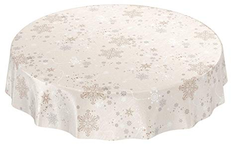 ANRO Wachstuchtischdecke Wachstuch Wachstischdecke Tischdecke Weihnachten Schneeflocken Beige Rund 140cm