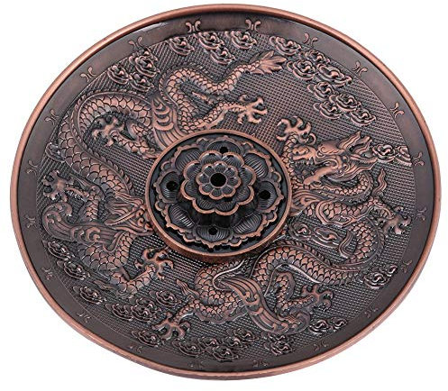 FTVOGUE Porte-encens en alliage de zinc avec bâton de lotus et cône d'encens en forme de dragon chinois à refoulement avec récupérateur de cendres (bronze rouge)