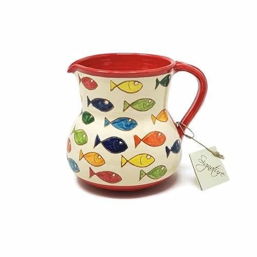 Verano Spanish Ceramics Signature Coloured Fish Hand Painted Vase Serving Jugs - Decorative Home Kitchen Dining Table Décor Display Custard Gravy Milk Creamer Pourer Pitcher - Large Red Rim 19cm 1.5L