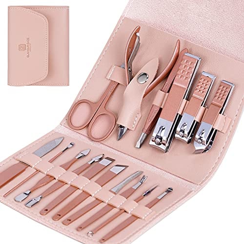 START MAKERS Set Manicure Professionale,16 in 1 Set Tagliaunghie,Acciaio Inox Kit Manicure,Kit Tagliaunghie Strumenti Portatile da Viaggio,per Manicure e Pedicure con Bella Custodia in Pelle (Rosa)