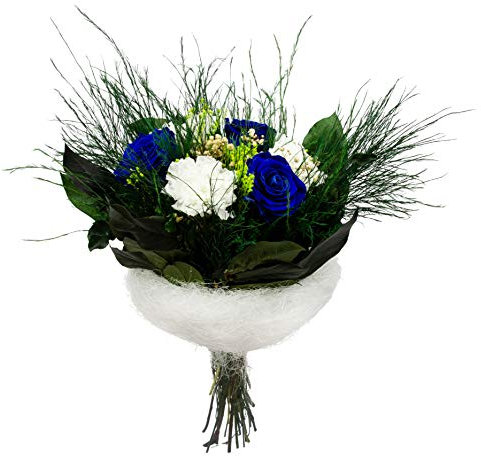 Pure Difference - Vero bouquet di rose Infinity con 3 rose blu e 3 garofani bianchi, erba di velo e verde legale conservato – Eternity mazzo di fiori realizzato a mano con amore