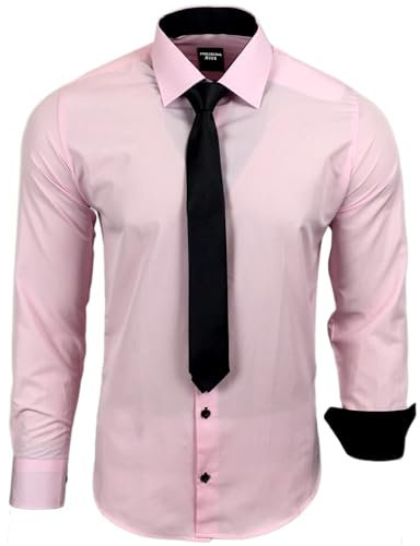 Subliminal Mode - Chemise Homme Manches Longues Col Bicolore Uni + Cravate Noir Chemise Coupe Ajusté Business Repassage Facile RN77 Rose Pale XL