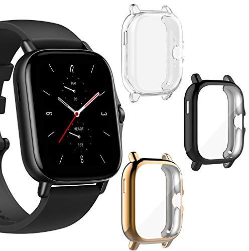 LvBu Schutzhülle Kompatibel mit Amazfit GTS 2, Flexibles TPU Vollschutz mit Displayschutzfolie Kratzfest Displayschutz Schutz Hülle Für Amazfit GTS 2 (Transparent+schwarz+Roségold)