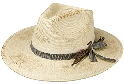 Stetson Mexican Palm Westernhut Damen/Herren - Made in Mexico - Aus 100% Stroh - Strohhut mit UV-Schutz 40 - Cowboyhut mit Garniturband - Mit Feder & Schleife - Frühling/Sommer Natur S (54-55 cm)