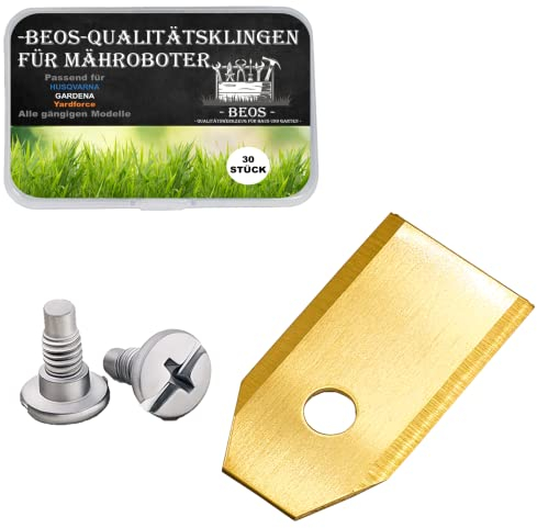 BEOS 30 x Premium Titan Ersatzmesser + Schrauben - Ersatzklingen für Premiummarken Husqvarna, Gardena, Segway, Yard Force, McCulloch, Powerworks – 0,75 mm Blattstärke für langes Rasenmäher Vergnügen