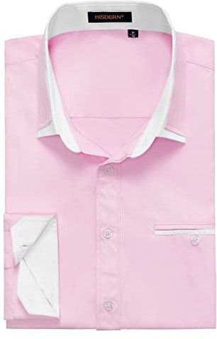 HISDERN Mens Casual Pink Shirt Formal Dress Shirts Long Sleeve Button Down Collar Shirts for Men L