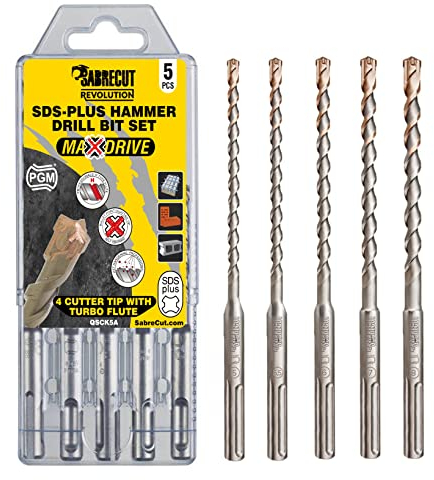 5 x SabreCut QSCK5A 5mm 5.5mm 6mm 7mm 8mm x 160mm Quattro PGM Approved Full Carbide 4 Cutter Tip Vortex Flute SDS Plus Drill Bit Mix Kit For Stone Concrete Brick Block