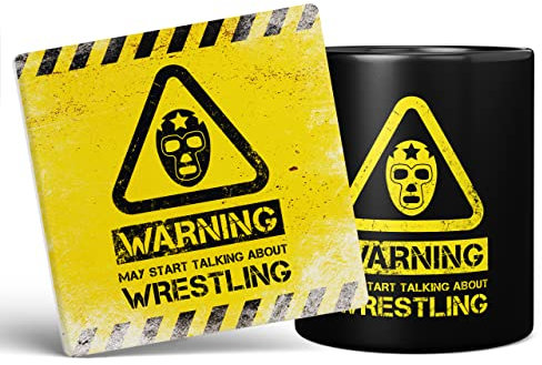 Mug Monster - Warning May Start Talking About Wrestling Lustige Geschenktasse – Keramik-Kaffeetasse -tasse, Geschenk für Männer oder Frauen, extra große und riesige Tasse erhältlich, 325 ml schwarze