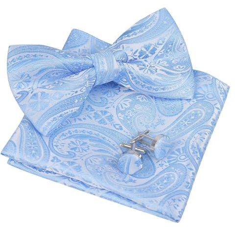 Alizeal Herren Classic Paisley Fliege, Hanky und Manschettenknöpfe Set, Hellblau