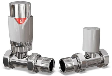 UK Radiators White Thermostatic Radiator Valve and Straight Lockshield Valve - Gloss White Finish - Classy and Modern Design 1/2 x 15mm Straight Radiator Valve
