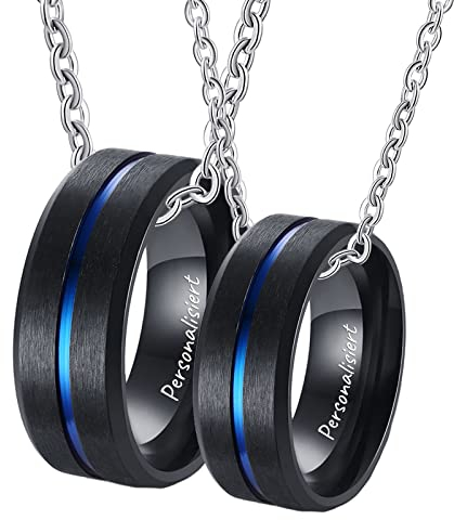 Halskette Pärchen Preis für 2, Edelstahl Anhänger Ringe 8mm Gebürstet mit Rille Partner Ketten mit Gravur Schwarz Blau, Herrenkette 60cm, Damenkette 50cm, Größe 54 & 62