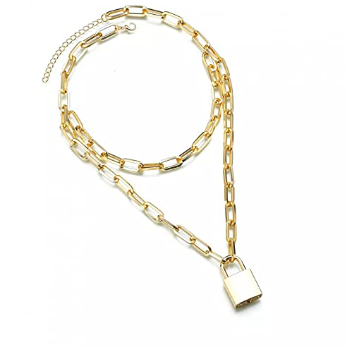 Halskette Anhänger Mode Frauen Doppelschicht Silber Farbe Schloss Kette Halskette Punk Vorhängeschloss Anhänger Halskette Kette Gothic Schmuck Geburtstag Hochzeit Weihnachts Geschenke für Frauen