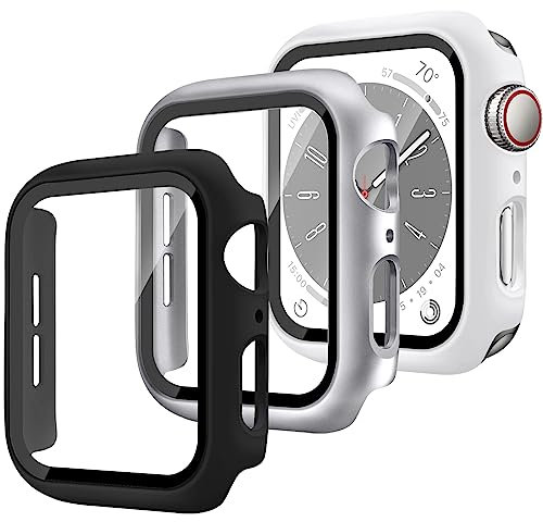 3 Pezzi Cover per Apple Watch Series 6/5/4/SE 44mm Vetro Temperato Pellicola Protettiva,Cover Completa PC Rigido Case Protettiva per Apple Watch 44mm Custodia，Nero/Argento/Bianco