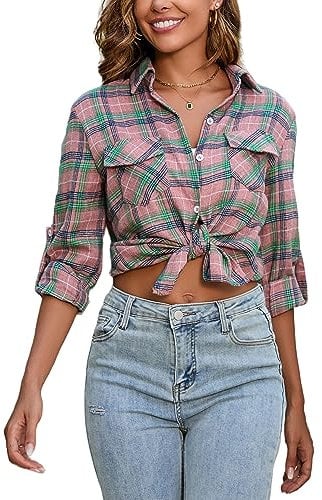 Yukiuiny Donna Camicia a Quadri in Flanella Classico Blusa 100% Cotone Maniche Lunghe Camicetta in Base Top Casual,Rosa/Verde/Blu-M
