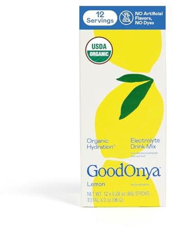 GOODONYA Organic Hydration Electrolyte Drink Mix, Certified Organic Hydration Powder, Non-GMO, Biochecked Glyphosate Free, Low Sugar, Lemonade Flavor, No Artificial Flavors,12 Stick Packs
