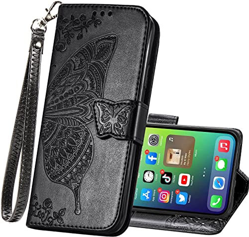 Wallet Case for iPhone Xs Max,PU Leather Flip Protective Phone Case Wrist Strap Card Slots Holder Woman Purse Emboss Butterfly Flower Kickstand Case for iPhone Xs Max Black