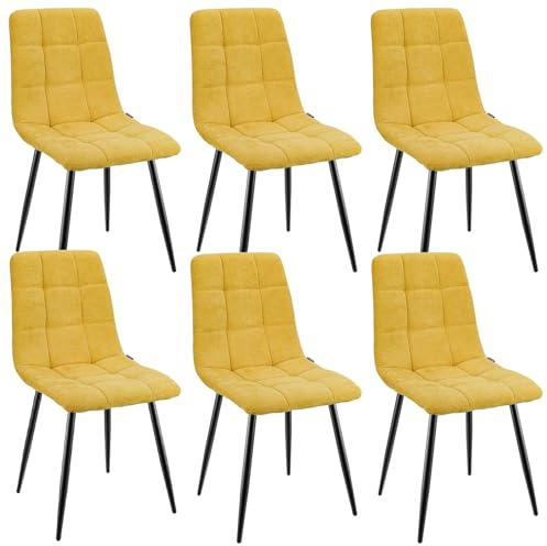 WAFTING Esszimmerstühle 6er Set, Gepolsterter Stuhl mit Hoher Rückenlehne und Leinendesign, Esstischstühle mit Metallfuß, für Esszimmer, Wohnzimmer, Küche, Schlafzimmer und Empfangsraum, Gelb