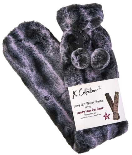 K Collection Extra Long Hot Water Bottle – Super Soft Luxury Faux Fur Plush Cover – Natural Rubber 2L Capacity – 72cm Long – Perfect for Pain Relief on Aches or Injuries (Dark Grey)