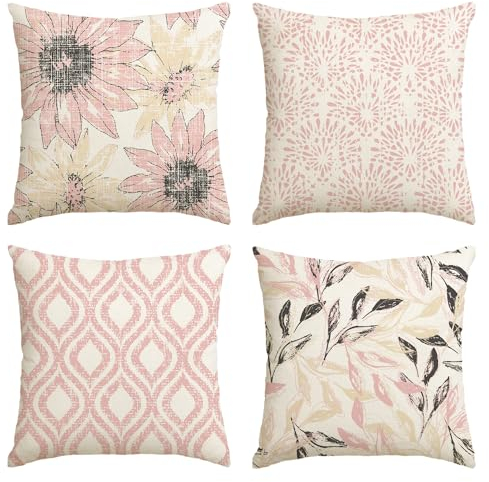 Artoid Mode Rosa Retro Gänseblümchen Frühling Kissenbezüge 4er Set, 50x50 cm Saisonnal Zierkissenbezug Cushion Cover Couch Wohnzimmer Deko